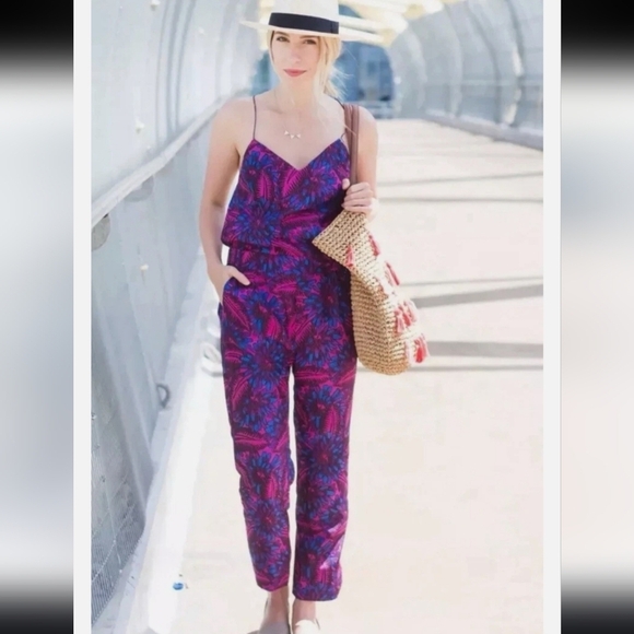 J. Crew Pants - J. Crew Floral Midnight Fuchsia Purple Blue Silk Jumpsuit Strappy V-neck Size 0